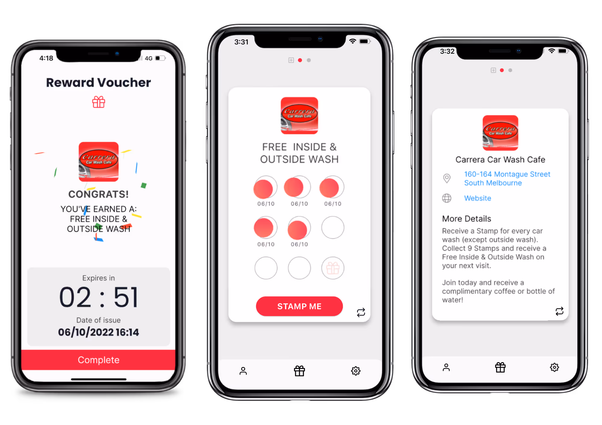 Phone frames displaying the Stamp Me app interface, showcasing a digital loyalty program for businesses.